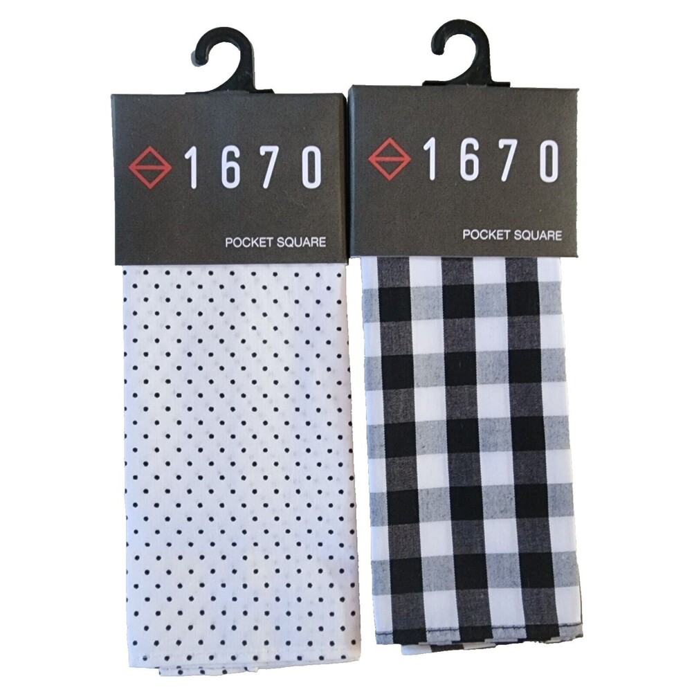 2-PK, 1670 Pocket Squares Black & White Checks and White with Black Polka Dots